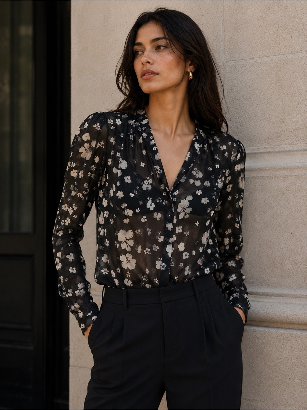 CABI Black Floral Semi Sheer Button Front Blouse Top Small
